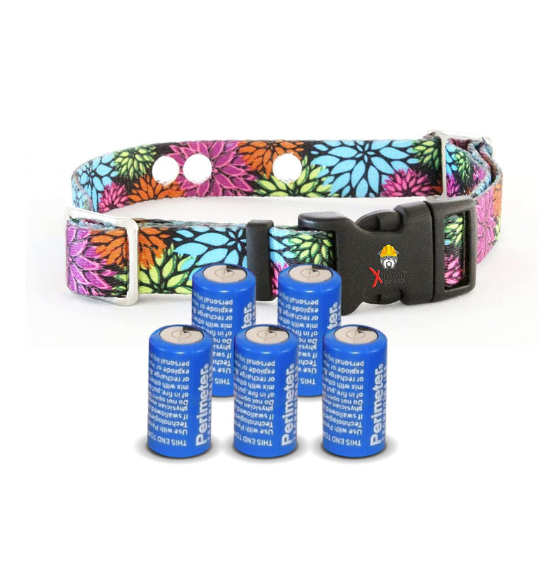 Large Flower Days Replacement Containment and Training Dog Collar Strap with 5-Pack of 6v Batteries - Compatible w/Extreme Dog Fence (EDF), Perimeter Receiver Collars, and More (Bundle 2)