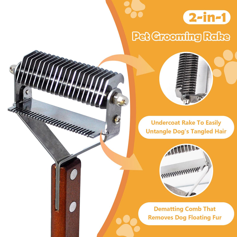 Pet Undercoat Rake for Long Haired Dogs Cats,2 in 1 Cat Safe Dematting Comb and Deshedding Brush Dog Grooming Tools with Wooden Handle Efficiently Remove Mats, Tangles, Loose Hair - PawsPlanet Australia