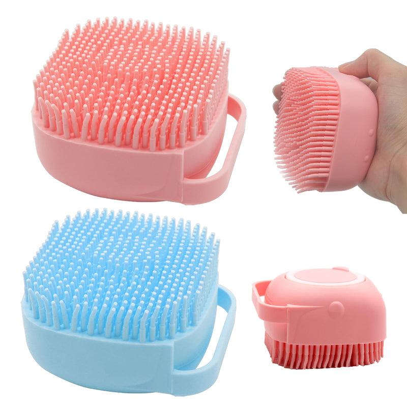 Pet Bath Brush Scrubber, Soft Silicone Shampoo Dispenser with Shower Grooming & Adjustable Ring Handle for Short/Long Haired Dogs and Cats, Pink+Blue 1PCS - PawsPlanet Australia
