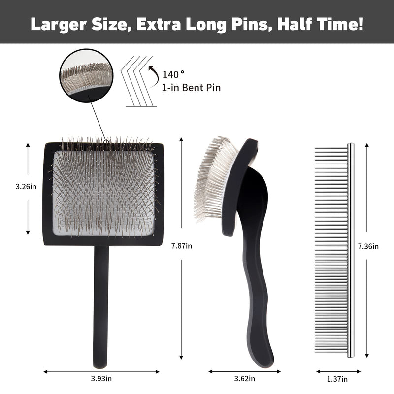 Dog Slicker Brush for Shedding and Grooming Medium or Long Haired Cats, Extra Long & Soft Pin Slicker Brush for Removes Loose Hair, Tangles, Knots, Undercoat, Free Pet Comb, Large Black - PawsPlanet Australia