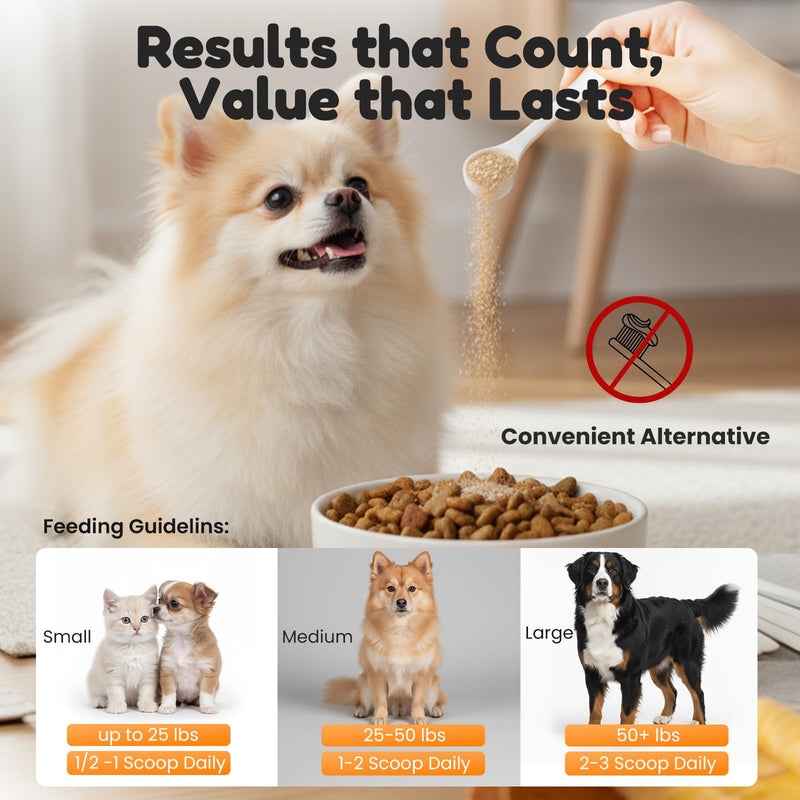 Dog Teeth Cleaning Powder - Plaque & Tartar Control, Breath Fresheners with Natural Seaweed, Probiotics, Vitamins, Turmeric & Enzymes for All Dogs & Cats (Chicken Flavor, 75 Scoops) - PawsPlanet Australia