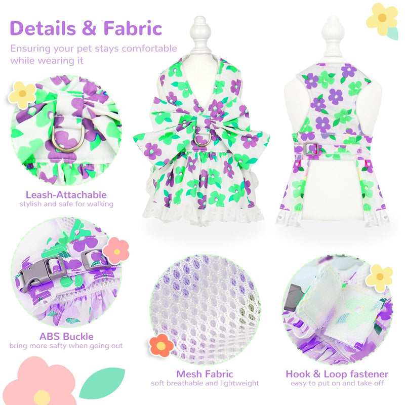 Dog Harness Dress Leash Set for Small Dog Summer Clothes Girl Female Puppy Cats Outfits Cute Floral Bowknot Princess Birthday Dress for Extra Small Pet Doggie Kitten Outfits Apparel(Green,XS) X-Small Green