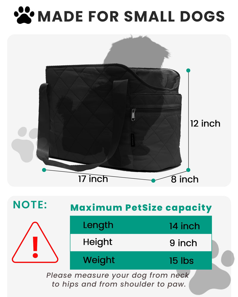Lightweight Dog Purse Carrier for Small Dogs up to 15 lbs, Dog Tote Bag Puppy Carrier, Soft Plush Interior, Safety Leash Clip, 4 Side Pockets Dog Carrier Bag for Travel & Walking, Black