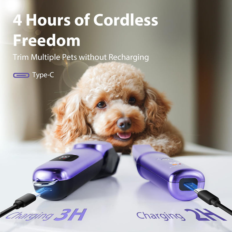 Dog Grooming Kit, Dog Clippers for Grooming for Thick Curly Coats, Professional Pet Hair Shaver Paw Trimmer Cordless Rechargeable Low Noise for Dogs Cats Animals Face Ear Purple
