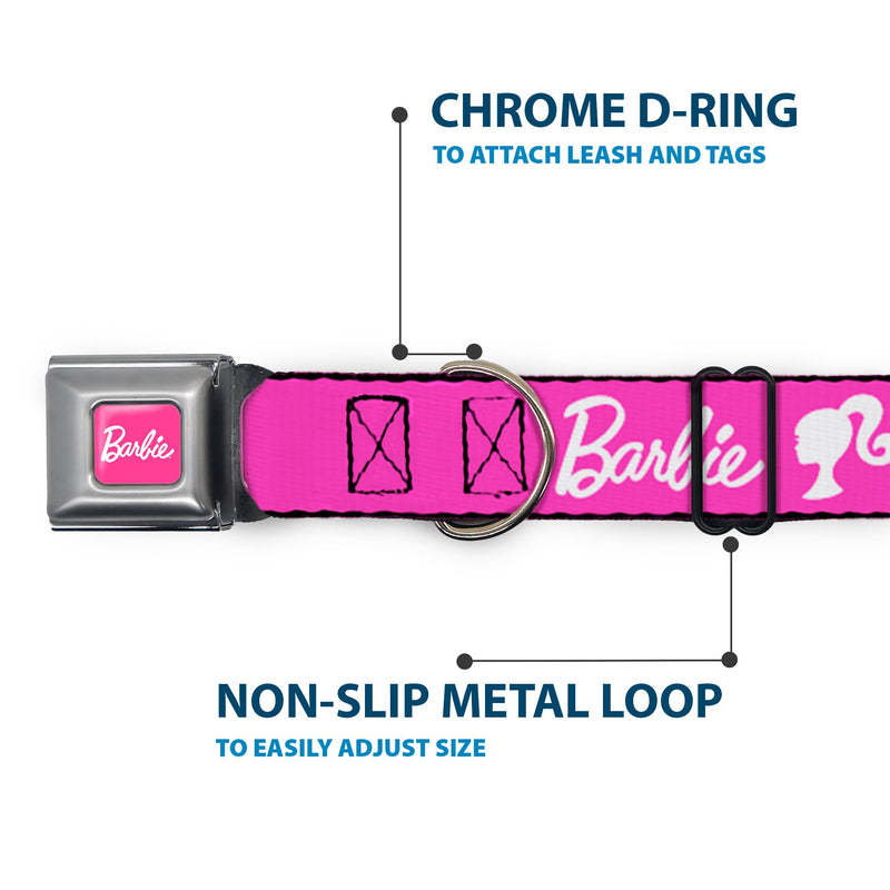 Mattel Easy Adjustable Metal Seatbelt Buckle Quick Release Dog Collar, Barbie Script Signature Logo and Silhouette Hot Pink White, 16 to 23 Inches 1.5 Inch Wide 1.5" Wide - Fits 16-23" Neck - Medium - PawsPlanet Australia
