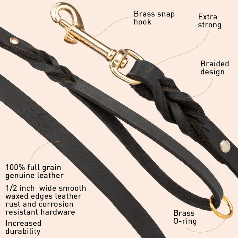 Viper Leather Dog Leash 4ft, Dog Training Leash with Brass Hardware, Leather Leash for Dogs Large Medium Small Breeds (W 1/2" - L 4 FT Black Brass) - PawsPlanet Australia