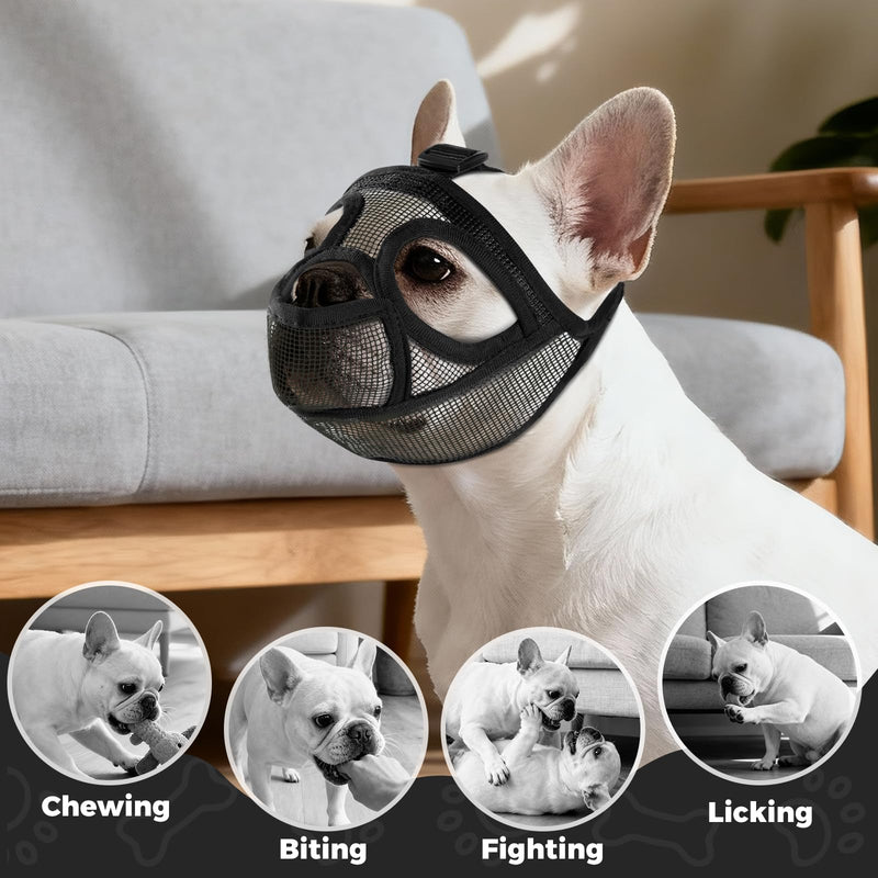 French Bulldog Muzzle, Soft Mesh Short Snout Muzzle with Mouth Opening & Enlarged Eye Holes, Allows Panting, Drinking & Feeding, Prevents Biting for Shih Tzu Pug English Bulldog(M,Black) M Black - PawsPlanet Australia