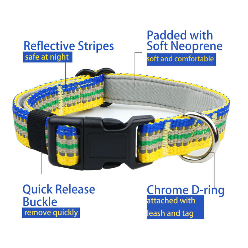 Dog Collar,Reflective Adjustable Collar S(Width3/4’’ ,Neck 11’’-16’’) Yellow/Blue - PawsPlanet Australia