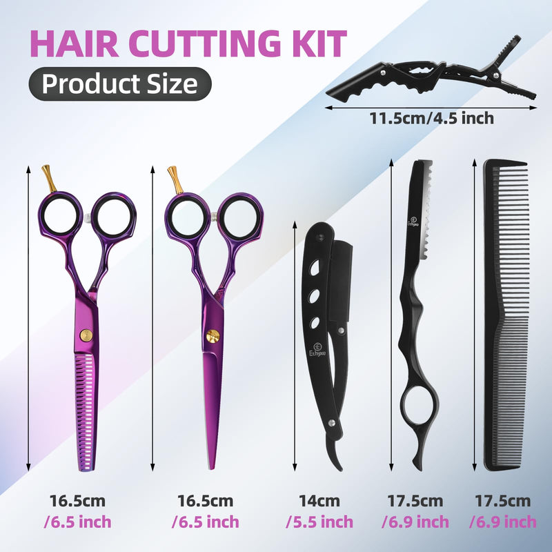 Professional Hair Cutting Scissors - 9 PCS Haircut Scissors Set with 29-Tooth Thinning Shears and Straight Shears for Men Women Home Salon Barber (6.5", Purple) 2-scissors set - PawsPlanet Australia