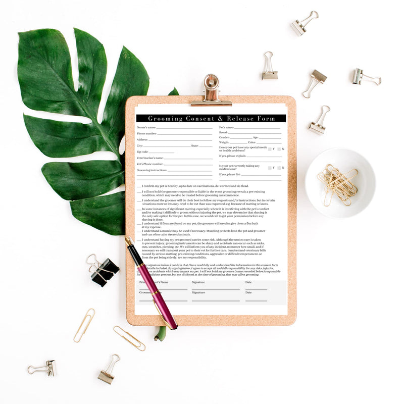 Pet Grooming Intake Forms, Consent & Release, Matted Coat Clip-Off Agreement, Pet Report Card | 50 pk, 25 of each, dbl sided | 8.5x11” Groomer Signature Client Grooming Tips Black and White Minimalist - PawsPlanet Australia