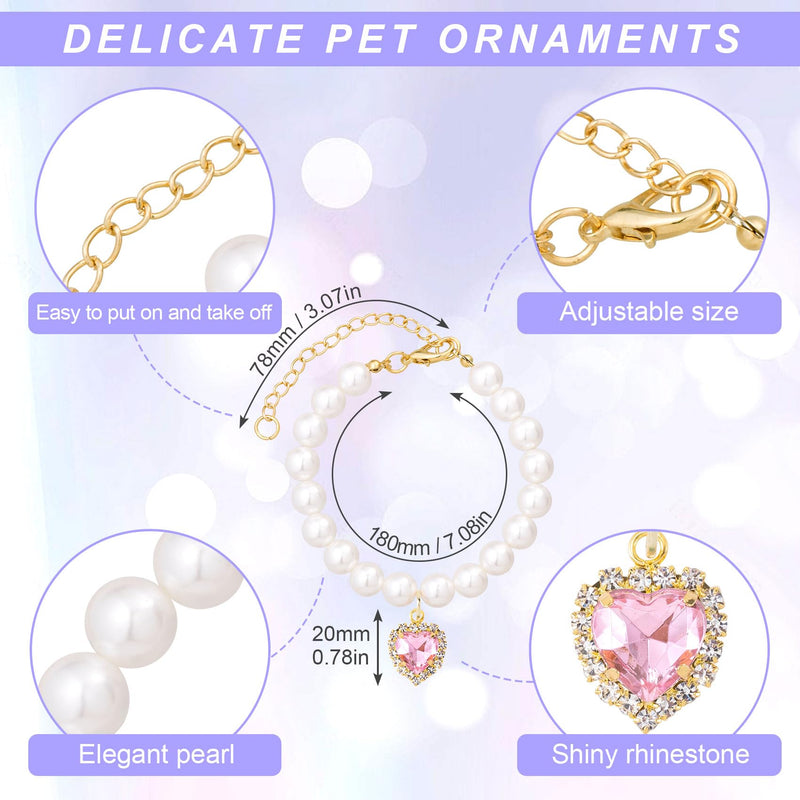 Cat Dog Pearl Necklace Collar 2pcs, Small Cat Collar Pear Dog Necklaces Cute Fancy Jewelry Accessories with Heart Shape Rhinestone White Pink Wedding Birthday Party for Puppy Pets Small Dogs - PawsPlanet Australia