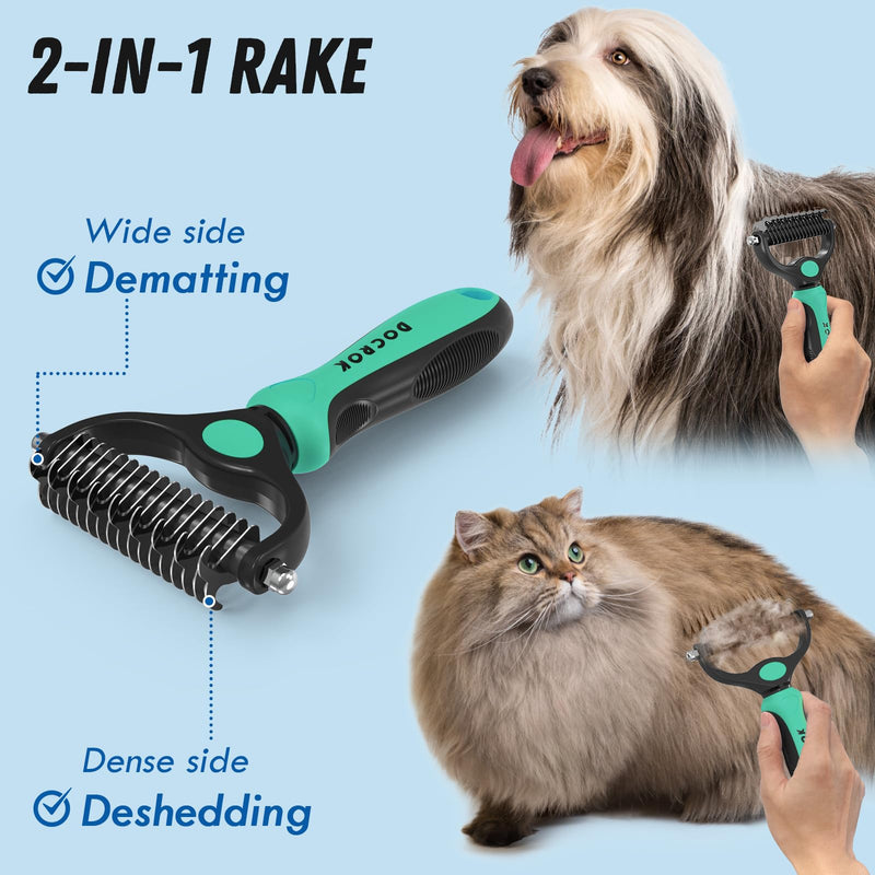 Pet Grooming Brush and Metal Comb Combo, Cat Brush Dog Brush for Shedding, Undercoat Rake for Dogs Grooming, Dematting Deshedding Brush Dogs Shedding Tool for Long matted Haired Pets, Green - PawsPlanet Australia