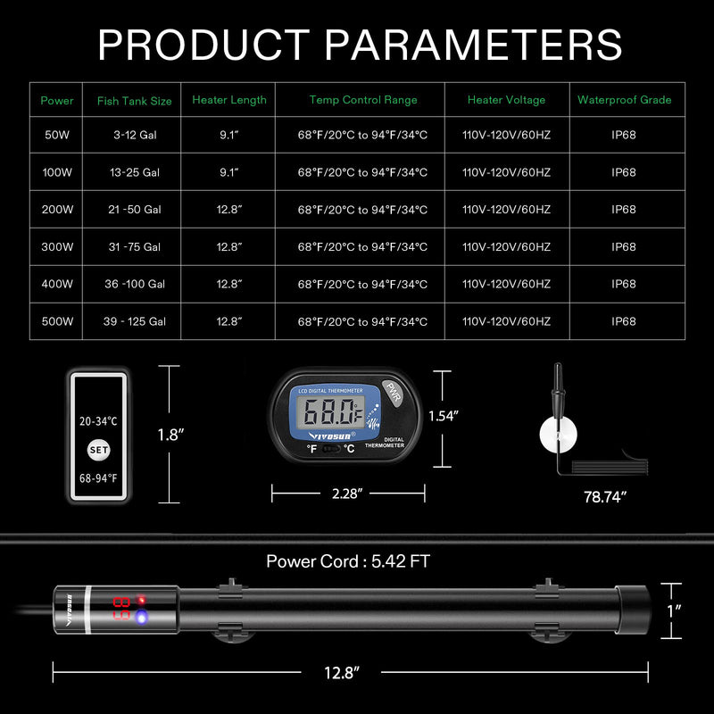 VIVOSUN Submersible Aquarium Heater with Thermometer Combination, 400W Titanium Fish Tank Heaters with Intelligent LED Temperature Display and External Temperature Controller 400W (for 36-100 gallon)