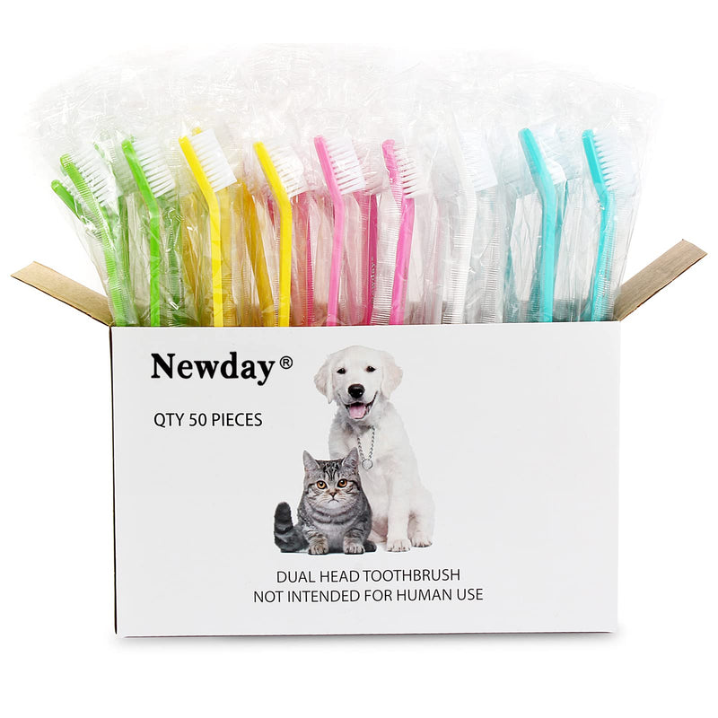 Newday 50 Pack Dual Ended Long Dog & Cat Toothbrush, Pet Safe Super Soft Bristles for Pet Dog Puppy Kitten Dental & Oral Care Teeth & Gums, Pet toothbrushes in Box, Bulk Individual polybag (Colorful) 50 Pcs-colorful