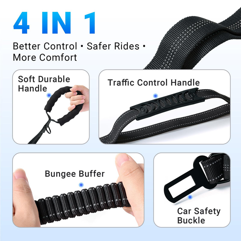 Tactical Heavy Duty Bungee Dog Leash for Medium & Large Dogs - Ultimate Control & Freedom with 4.3-5.2 FT Adjustable (Stretches to 6 FT), Dual Handle, Shock Absorbing, Reflective, Seatbelt Clip, Black - PawsPlanet Australia