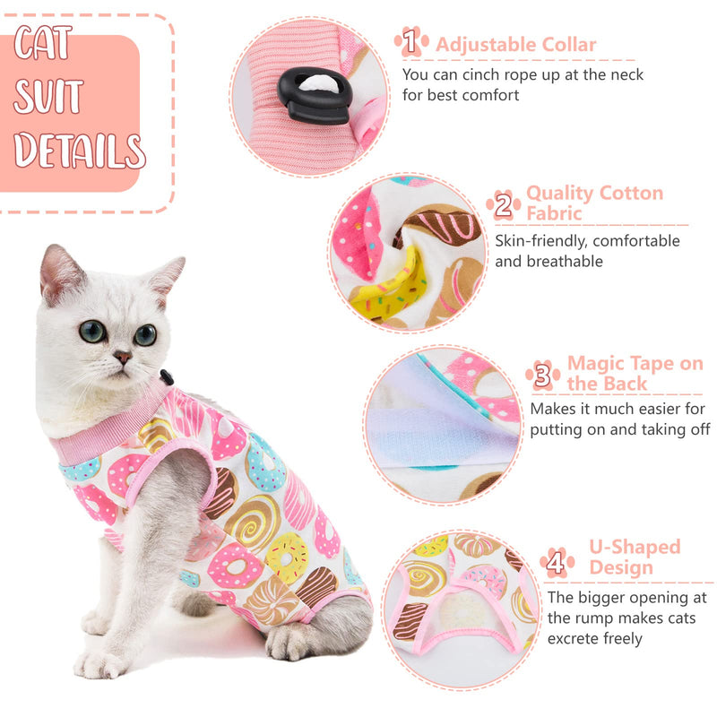 Cat Recovery Suit, 1 Pack Donut Pattern Cotton Cat Wound Surgery Recovery Suit Soft After Recovery Surgery for Small Cats and Dogs, M Donut with Drawstring Medium