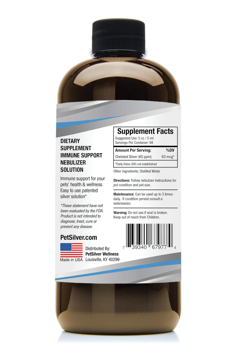 PetSilver Immune Support - Patented Chelated Silver Solution - Promotes Respiratory Health in Cats & Dogs - Allergies, Sinus & Cough Treatment - All-Natural Nebulizer Solution - Easy to Use 16 fl oz