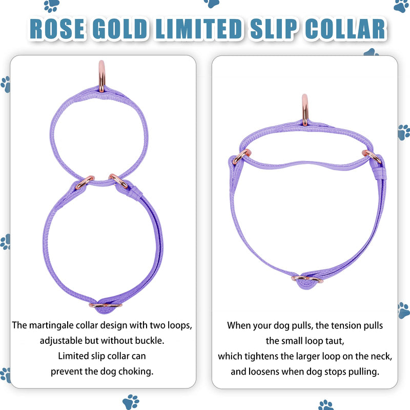 Soft Leather Martingale Dog Collar - Adjustable Rose Gold Limited Slip Collars [Easy to Clean], Stylish Durable Heavy Duty Nylon No Pull Training Collar for Small Medium Large Dogs M Purple M (Neck 14"-21", Width 1") - PawsPlanet Australia