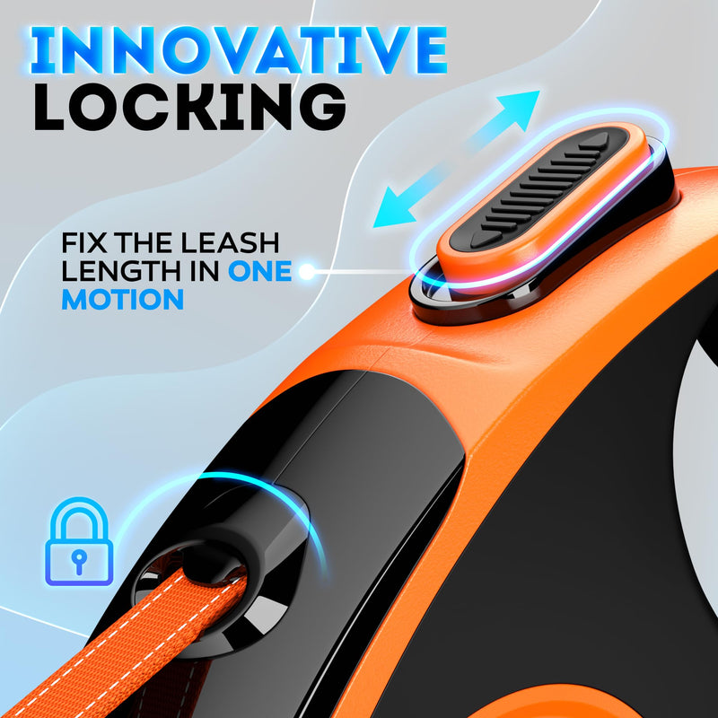 New 2025 Retractable Dog Leash with Anti-Slip Soft Grip - 16,4 ft' Heavy Duty Reflective Nylon Tape Lead for Pets up to 110 lbs - Long Dog Leash with Anti-Twist Protection (Black/Orange) 51-110 LBS Black/Orange - PawsPlanet Australia