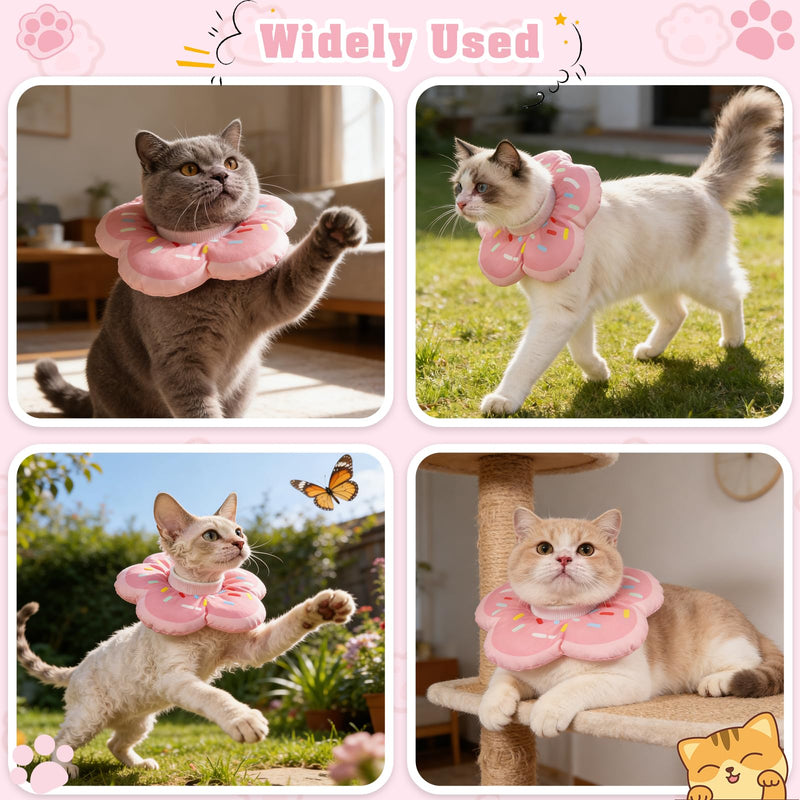 QKURT Cat Cone Collar Soft, Adjustable Waterproof Pet Recovery Collar, Cute Donut Pattern Neck Cat Cones After Surgery, Prevent Licking Biting Protect Wounds for Puppies, Cats, Petal Shape Pink S