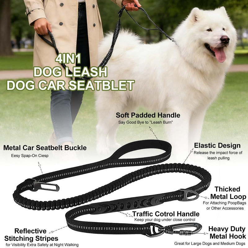 Dog Leash Heavy Duty - 4-6FT Long Leash Strong Shock Tactical Tug Leashes, Dog Seat Belt for Car with 2 Padded Handles, Reflective Rope Lead for Medium L X-Large Dogs Walking Running Training (Black) Black