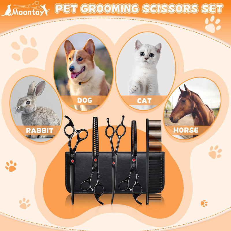 Moontay Dog Grooming Scissors Set Professional, 7 Inch Pet Grooming Scissors, 8 in 1 Straight, Curved, Thinning, Fishbone Scissors with Comb, Tension Adjuster, Cleaning Cloth and Storage Case, Black