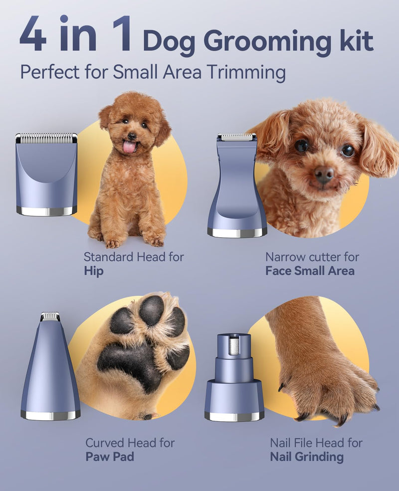 oneisall Dog Clippers Grooming Kit 4 in 1, Low Noise Dog Paw Trimmer&Dog Nail Grinder,IPX7 Waterproof Cordless Pet Trimmer Shaver for Small Dogs and Cats Blue
