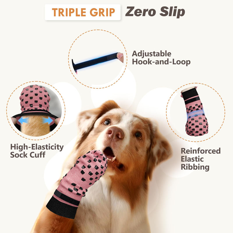 Anti Slip Dog Socks to Prevent Licking Paws, Dog Shoes for Hot/Cold Pavement, Dog Boots on Hardwood Floors, Traction Control Dog Booties & Paw Protectors for Small Medium Large Senior Dogs Pink L(Pack of 4) - PawsPlanet Australia