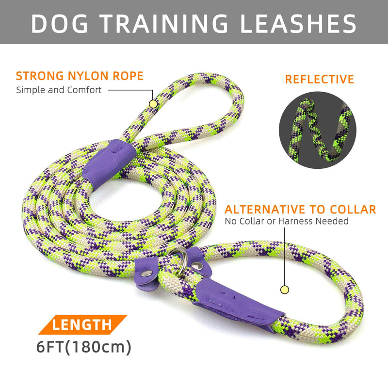 Durable Slip Leads for Dogs, Heavy Duty Strong Rope Slip Leash for Large, Medium Dogs No Pull Training Leashes (Purple and Green Alternating, 1/2" x 6 FT (30~120 lbs.)) Purple and Green Alternating 1/2" x 6 FT (30~120 lbs.) - PawsPlanet Australia