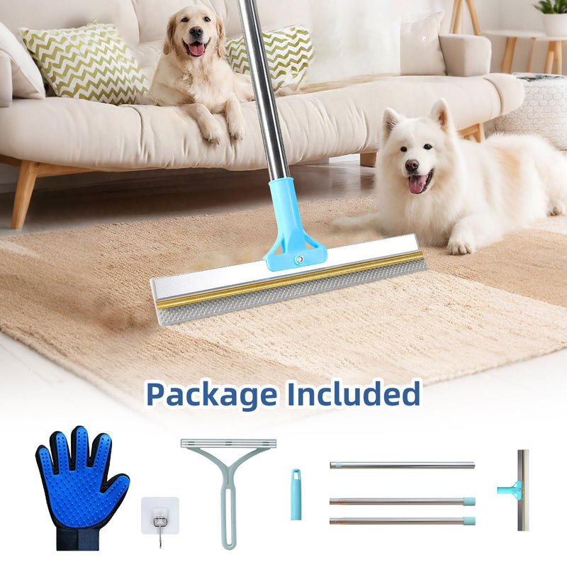 Carpet Rake for Pet Hair Removal - 54" Adjustable 2 in 1 Carpet Broom with Copper Rake Scraper & TPU Brush, Reusable Cat Dog Hair Remover Tool for Deep Cleaning Carpets, Rugs, Mats, and Stairs (Blue) Blue Pro+Mini+Glove - PawsPlanet Australia
