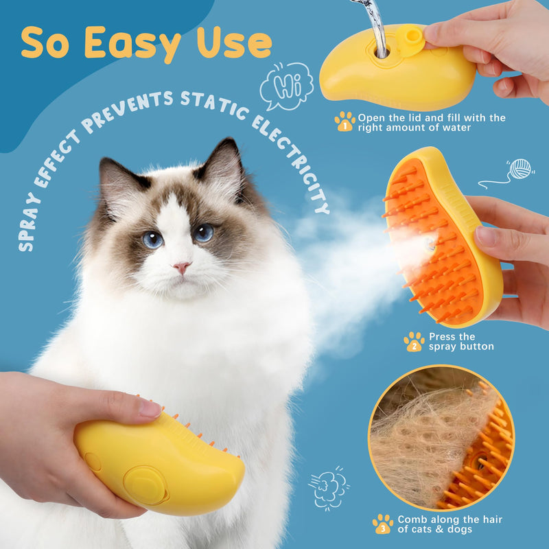 Steam Cat Brushes for Indoor Cats, Pet Steamer Brush for Massage Self Cleaning, Steam Dog Brush for Shedding, Pet Grooming Brush for Removing Knots and Loose Hair(Yellow) Yellow - PawsPlanet Australia
