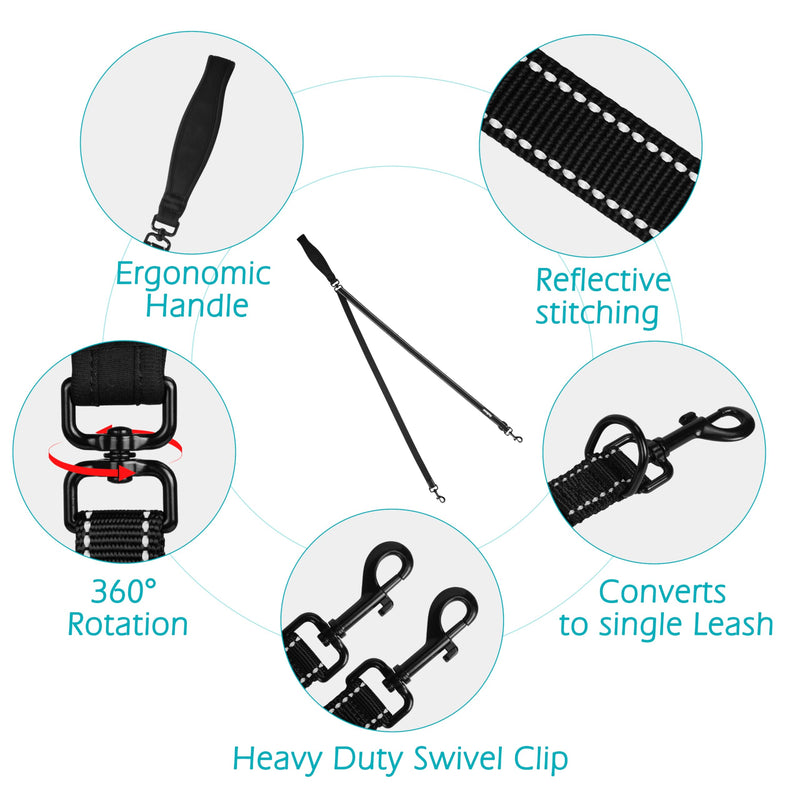 PetBonus Two Point Control Dog Leash, Works with No Pull Harnesses, No Tangle Training Leashes, Soft Padded and Reflective Walking Lead, Converts to Single Lead for Medium Large Dogs (Black) Black - PawsPlanet Australia