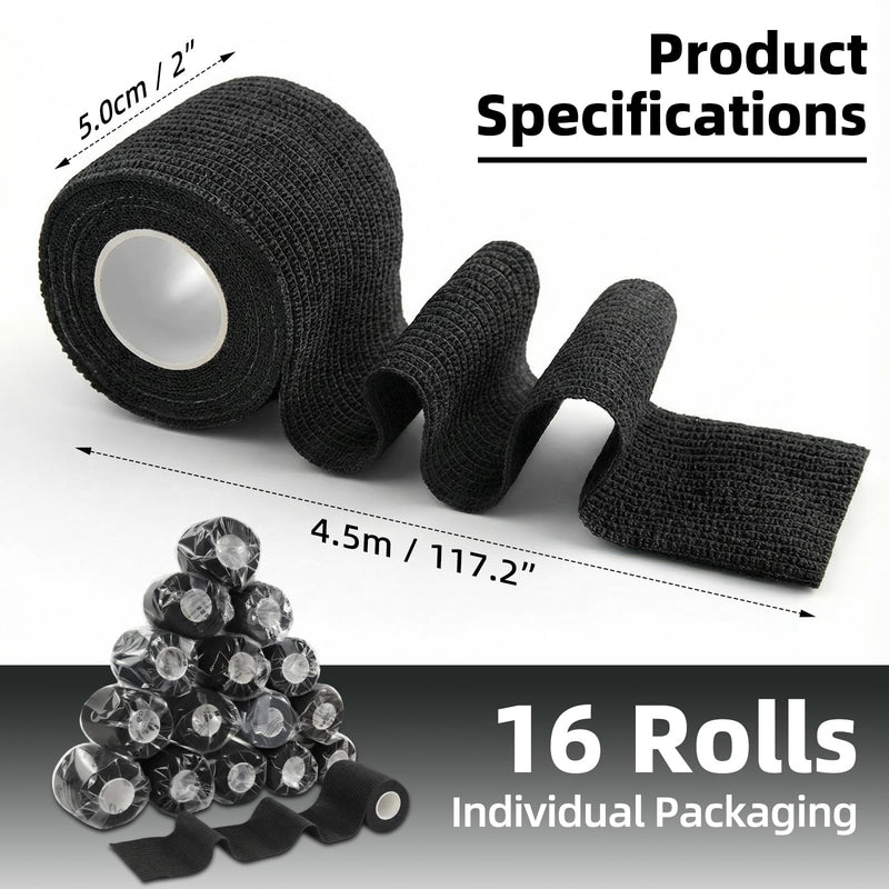 HONYAO Self-Adhesive Dressing, 16 Rolls, 5 cm x 4.5 m Bandage Material, Self-Adhesive Bandage for Dogs, Cats, Horses, Elastic Bandage for Wrist Ankle Sports, First Aid, Black Black 16