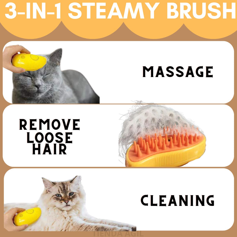Hair Brush for Pets with Steam Function, Soft Rubber Bristles, Water or Essential Oil Reservoir, Non-Slip Grip, Easy Cleaning, for Dogs and Cats (Yellow) Yellow - PawsPlanet Australia