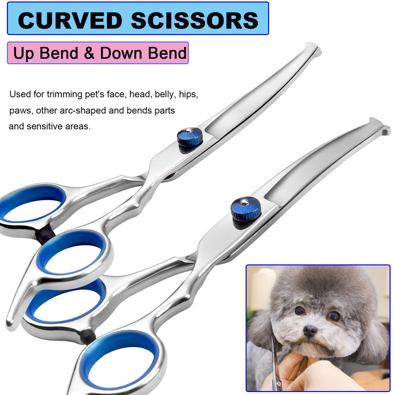 Dog Grooming Scissors Kit Professional Dog Scissors for grooming with Safety Round Tip 6 in 1 4CR Coated Stainless Steel Heavy Duty Thinning Curved Pet Shears Set for Dogs Cats Other Animals at home 6 in 1 Dog Grooming Scissors Set - PawsPlanet Australia
