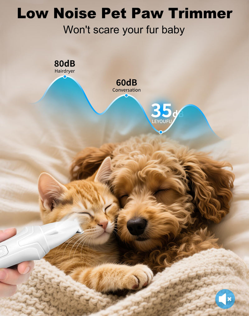 LEYOUFU Dog Paw Trimmer with LED Light, 2 Speed Low Noise Paw Trimmers for Dog's Feet, Cordless Electric Dog Clippers for Grooming Cat Hair Shaver for Paws, Ears, Face, Rump Small Areas(White) White - PawsPlanet Australia