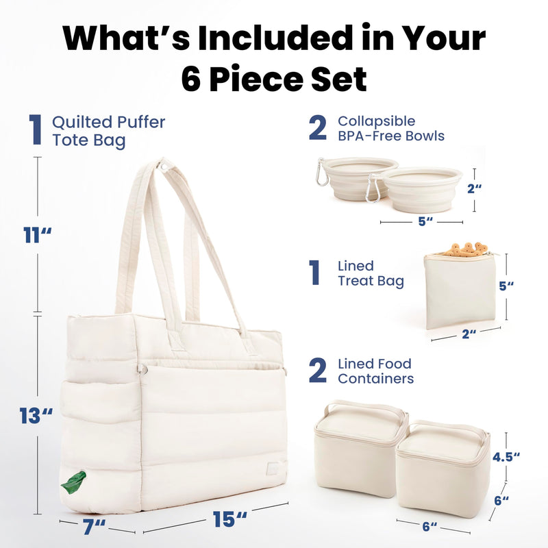 rubyloo Puffer Dog Travel Bag for Dog Moms – Doggy Diaper Bag with Pet Bowls & Food Storage or Everyday Puffy Tote – Doggy Mom Gifts for Women – Lightweight, Travel-Ready Gift for Pet Lovers – Beige - PawsPlanet Australia