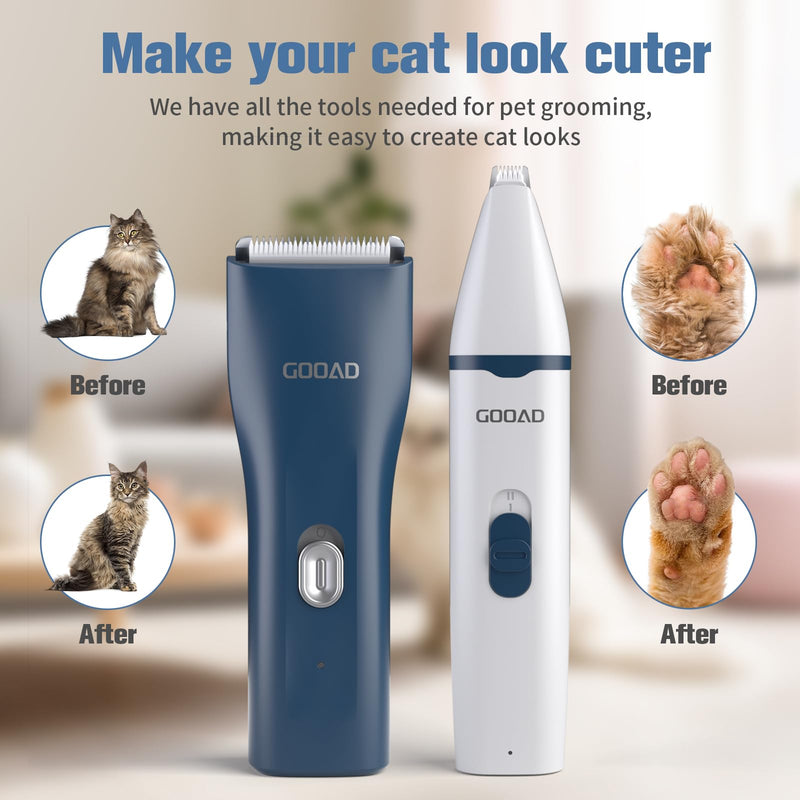 Goood Cat Clippers for Matted & Long Hair - Quiet, Cordless Grooming Kit with Paw Trimmer & Nail Grinder for Cats & Small Pets (Blue) Blue - PawsPlanet Australia