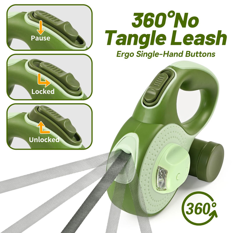 26ft Heavy Duty Retractable Dog Leash for Large Dogs, Dog Leash with Poop Bag Holder, Up to 100lbs, with LED Light, Chew Proof Cable, One-Handed Pause & Lock, 360° No Tangle. (Green, 26Ft) Green - PawsPlanet Australia