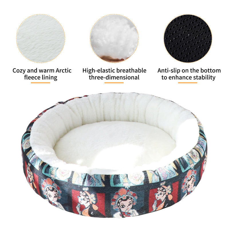 Circular Calming Dog & Cat Bed Anti-Anxiety Plush Dog Bed Washable Pet Bed with Anti Slip Backing Donut Cuddler with Cute Jacquard Patterns for Cat and Small Puppy 30" (Small, Beijing Opera) - PawsPlanet Australia