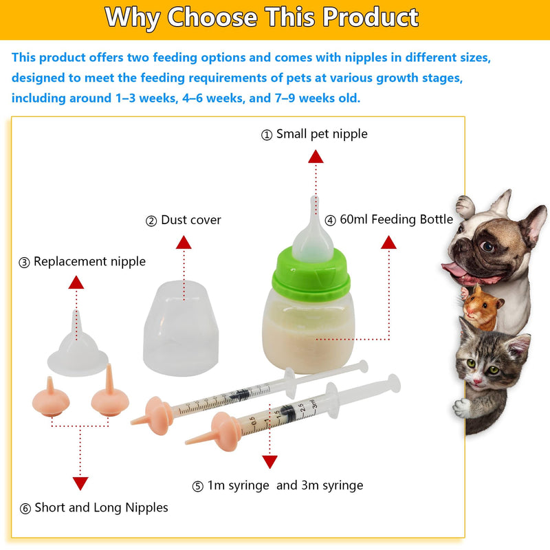 Pet Feeding Bottle and Syringe Set for Puppies and Kittens(1 Bottles,2 Syringes,6 Nipples) Green - PawsPlanet Australia