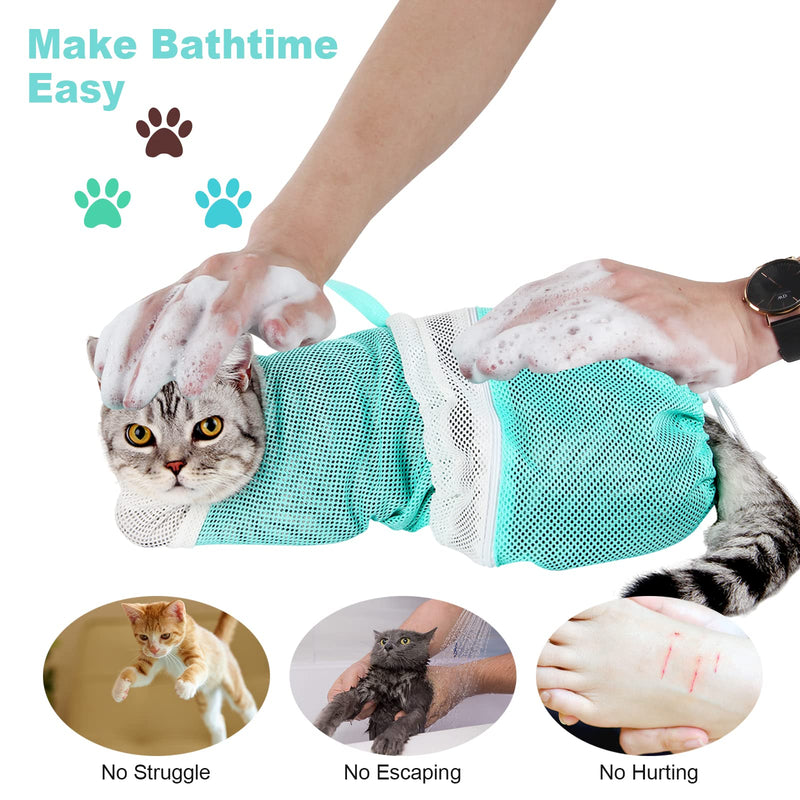 Cat Bag for Bathing Set with Cat Grooming Washing Bag Adjustable Pet Shower Brush - Cat Bathing Mesh Bag Anti Scratch Anti Bite Soft Durable for Cats & Dogs Restraint Grooming Nail Trimming Washing Green-DP