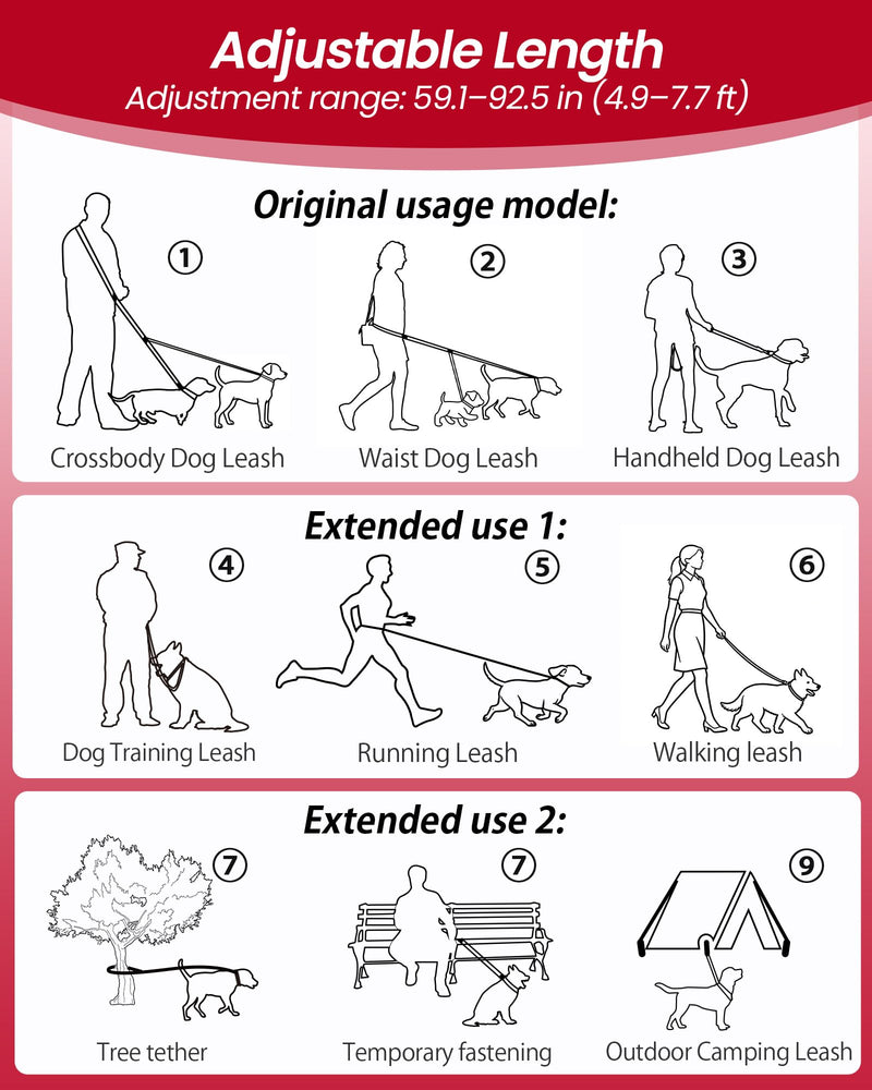Double Dog Leash - Two Dog Leash No Tangle Design, 3-in-1 Adjustable Waist Belt for Two Dogs, Detachable Dual Leashes, Suitable for Dogs for Training, Running and Walking. Black - PawsPlanet Australia