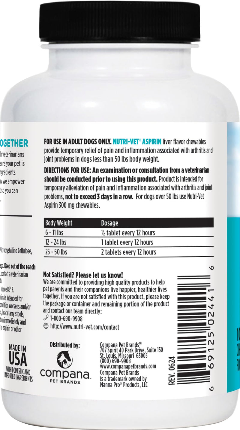 Nutri-Vet Aspirin for Dogs, Arthritis Pain Relief, Small Dog Aspirin, Inflammation Relief, Joint Support for Seniors, 120mg per Tablet, Under 50 lbs, 100 Count
