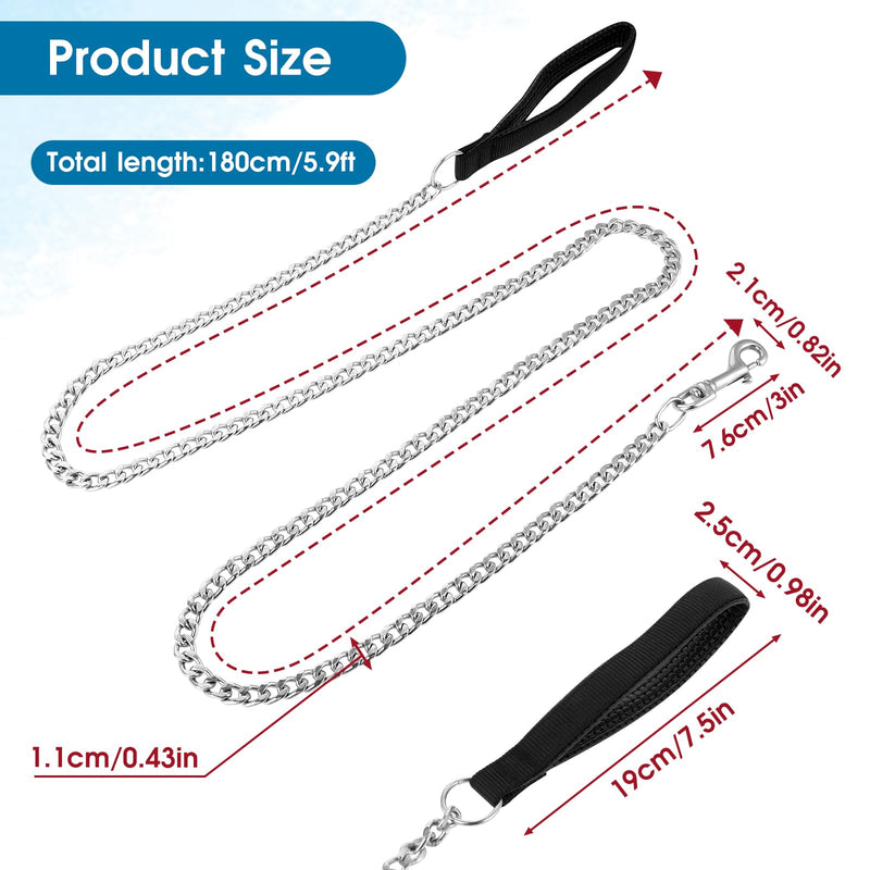 Chain Heavy Duty Metal Dog Leash 6FT Stainless Steel Cuban Link Chain Labor Chew Proof Pet Leash Chain with Soft Padded Handle for Medium Big Dogs Walking,Traffic Training Traveling(20-100 lbs) - PawsPlanet Australia