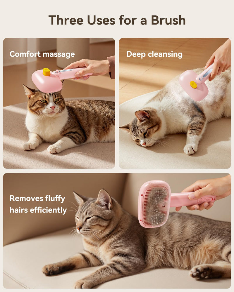 ROJECO 3-in-1 Pet Steam Brush for Cats&Dogs - Detangling Comb with Adjustable Mist, Handheld Deshedding Grooming Tool for Long/Short Hair, Massage Brush & Shedding Control Gift,Cordless,Pink Pink