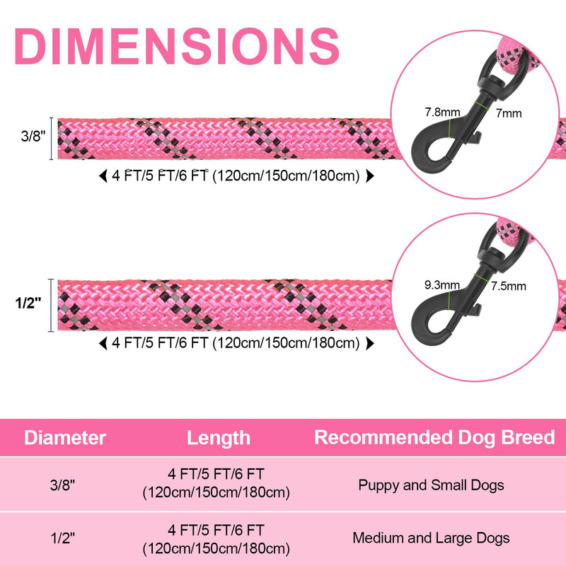 Rope Dog Leash 5 FT for Medium and Large Dogs,Heavy Duty Dog Rope with Comfortable Padded Handle,Waterproof Dog Leash for Walking,Reflective Nylon Dog Leash,Pink Pink 1/2" x 5 FT - PawsPlanet Australia