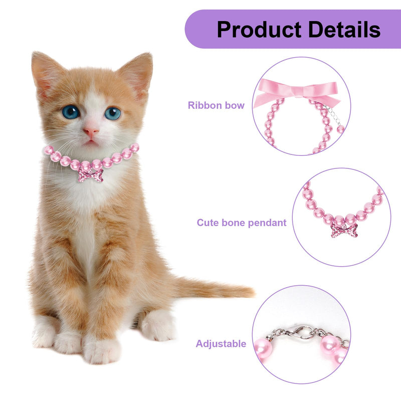 3 Pcs Small Dog Collars Female Jewelry Cute Ribbon Bow Pet Cat Pearl Necklace Collar with Bling Rhinestones Bone for Dogs Puppy Kitten Wedding Birthday Party White,Pink and Purple - PawsPlanet Australia