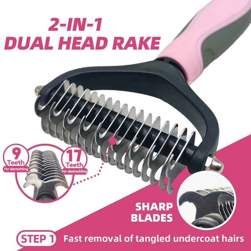 Dog Brush for Shedding,7 PCS Dog Grooming Brush Kit to De-fur,Dog Hair Slicker Deshedding Brush with Undercoat Rake Comb Bath Brush & Nail Clipper for Grooming Short Long Haired Dogs Cats Pink - PawsPlanet Australia
