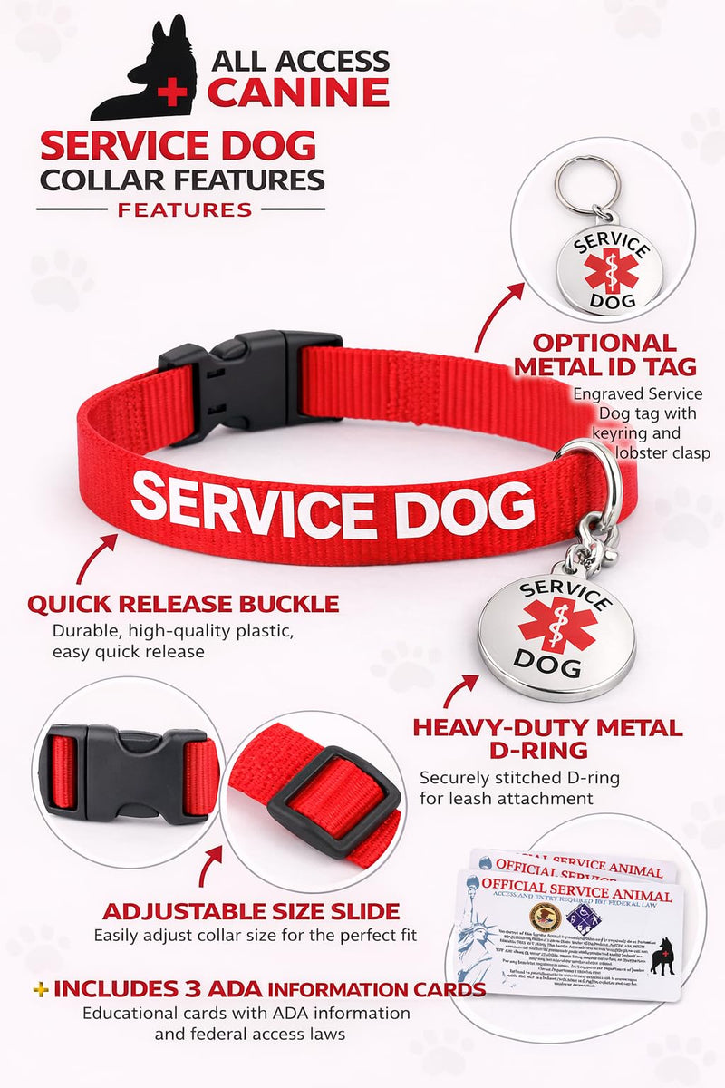Service Dog Collar & Emotional Support Animal (ESA) Collar with Metal ID Tag + 3 Information Cards – Adjustable Heavy-Duty Nylon | ALL ACCESS CANINE Service Dog (collar only) XS (8-12") - PawsPlanet Australia